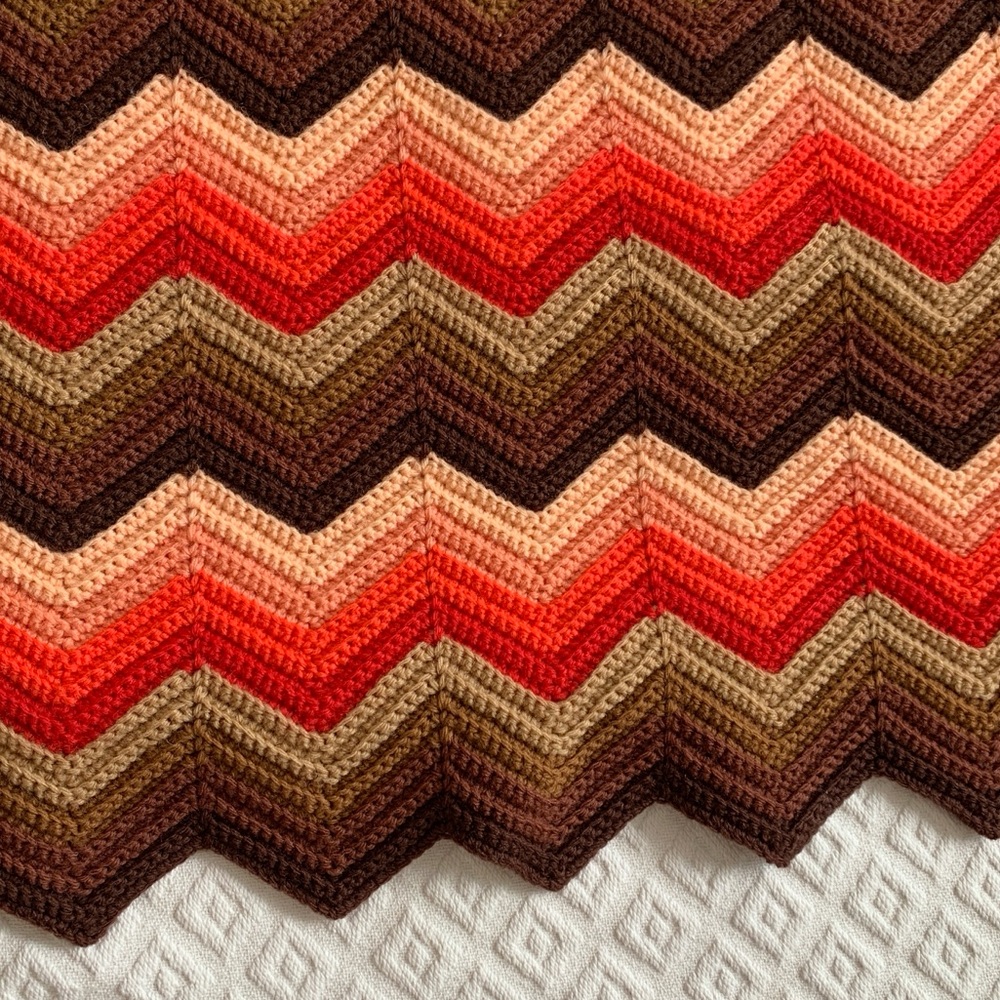 59” x 62” Vintage Handmade Knit Afghan Throw Brown, Tan, Red, Coral, Chevron